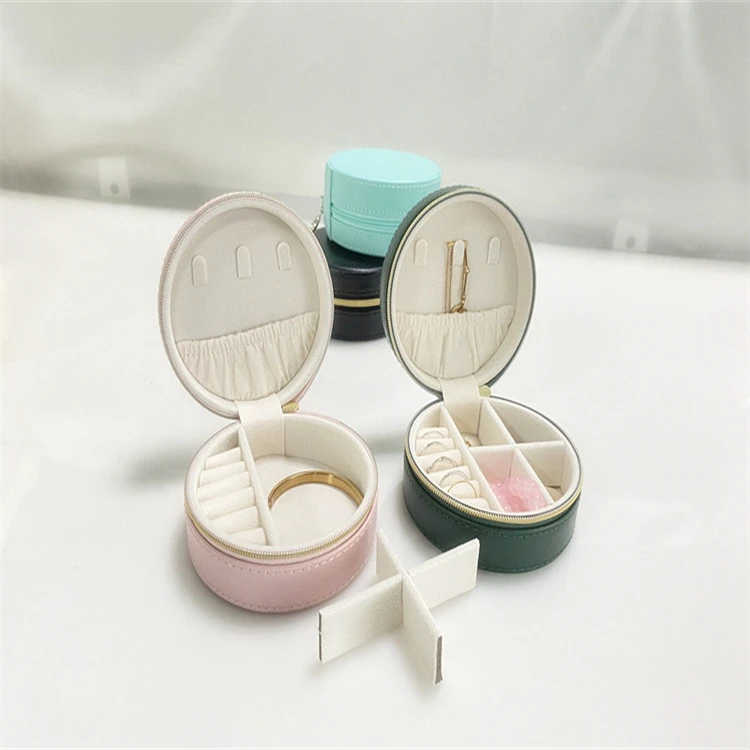 

New Custom Small Velvet Round Zipper Mini Travel Gift Ring Square Jewelry Box PU Leather Pink Box Jewelry