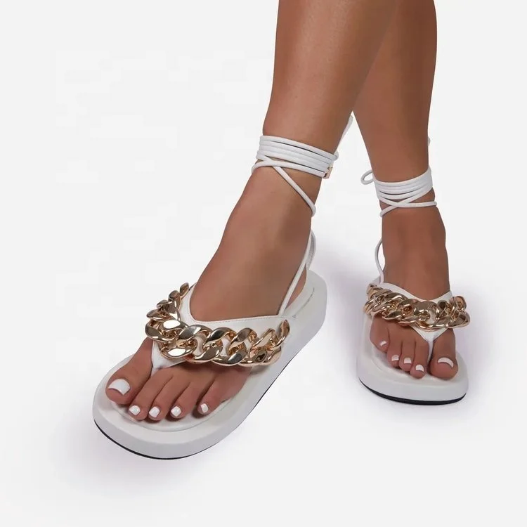 

2022 Women Flip Flop Sandals Gold Chain Sandal Strappy Women Platform Thong Shoes