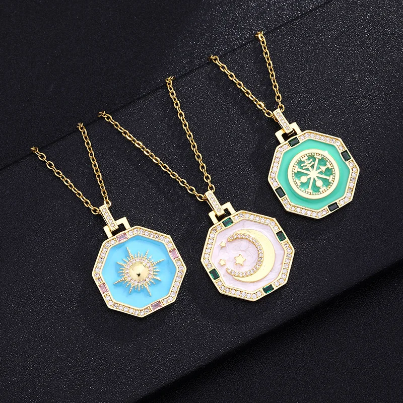 

Exquisite Stainless Steel CZ Pave Enamel Octagonal Sun Moon and Star Pendant Necklace for Celestial Dainty Gift Kolye, Gold