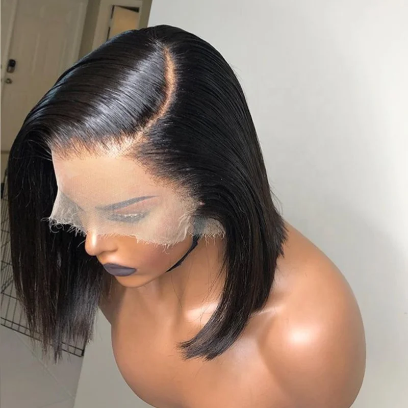 

High Quality Human Hair Wig Kim Kardashian Blunt Cut Bob Brazilian Human Hair Wig Deep Part Lace Front Wig For Women, Natural color lace wig