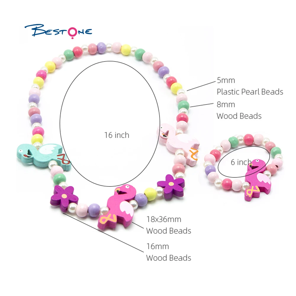 

2021 BESTONE Girls & Kids Jewelry Wood Bracelets Set with Flamingo Charm