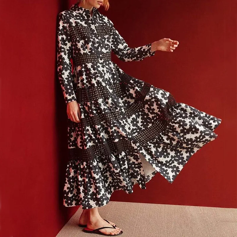 

Fashion Elegant Lapel Long Sleeve Printing Contrast Single Breasted Design Long Dress Women Floral Print Dresses, Black