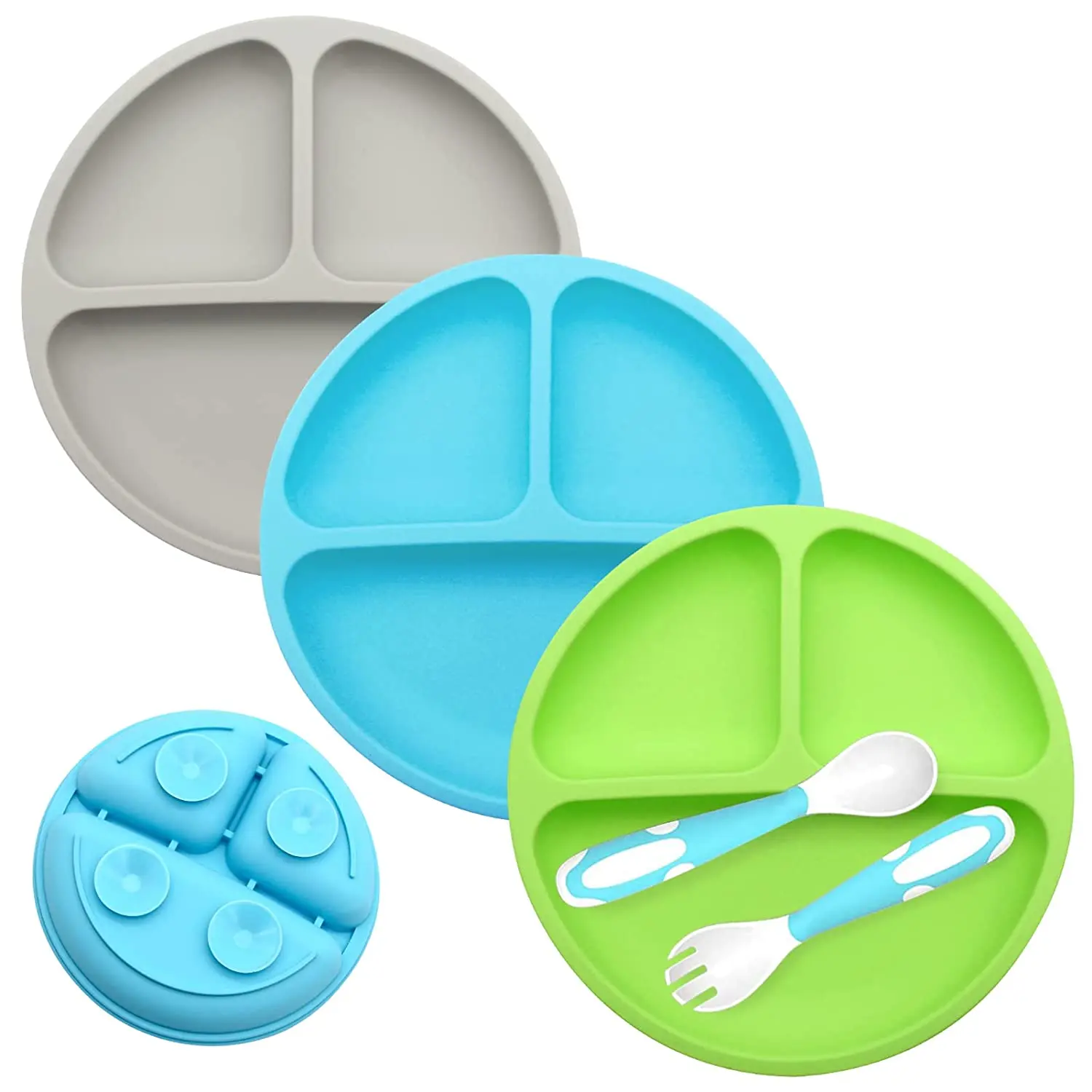 

BPA-free Durable 3 cavity Round Shaped Silicone Suction Baby Feeding Dinner Plate Divided Toddler Plate