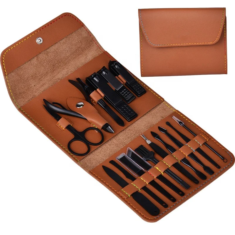 

16 Pieces Manicure Set with Leather Case,Nail Clippers Kit Grooming Kit Personal Care Tool, Gifts for Men/Women, Brown,blue, gray, or other custom colors