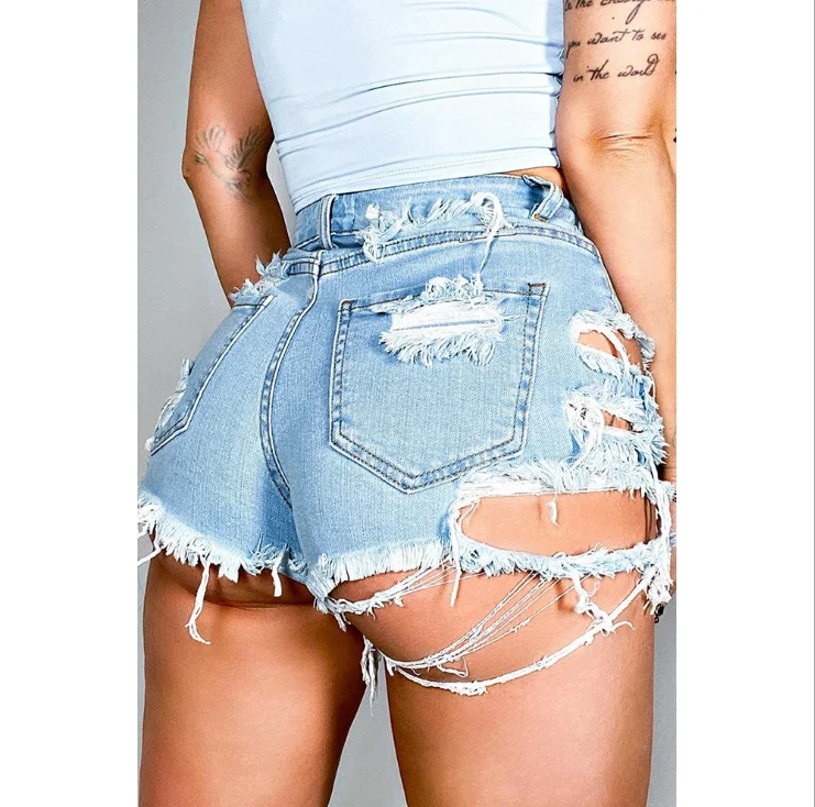 

New Fashion women jean shorts Irregular torn hole stretch denim short jeans pants for woman, Blue