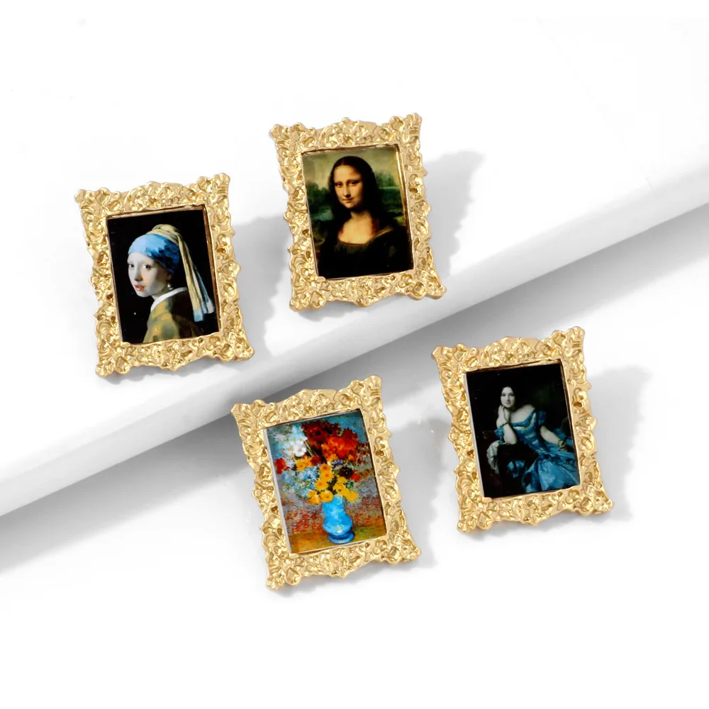 

European Vintage 24K Real Gold Plated Landscape Painting Photo Frame Stud Earrings Geometric Mona Lisa Painting Earrings