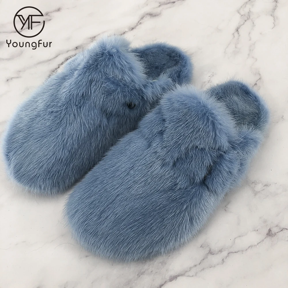 

Collection 2021 Top Fashion Genuine Mink Fur Slippers Luxury Fur Shoes Handmade Fur Clogs for Women, As shown