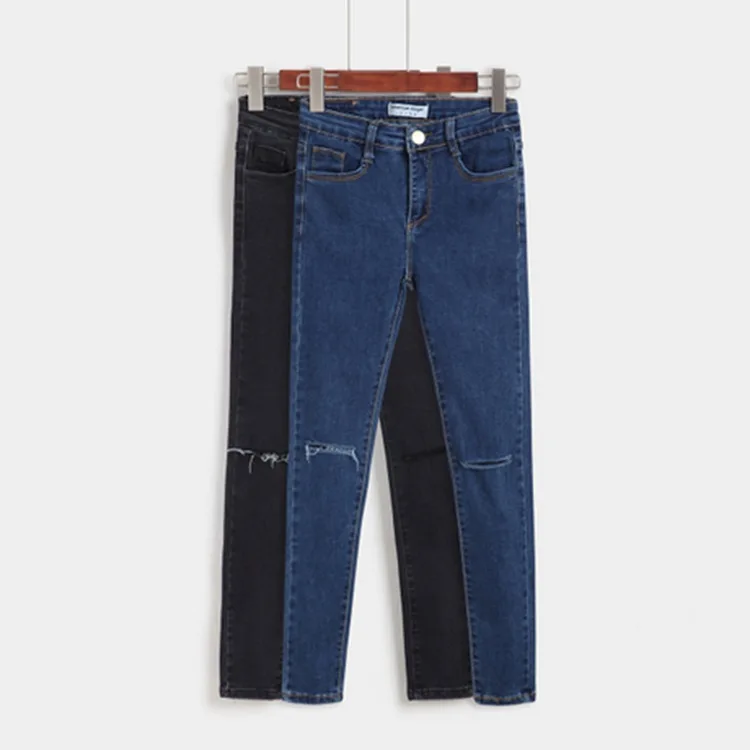

New style blue black denim ladies pencil pants women pencil ripped jeans
