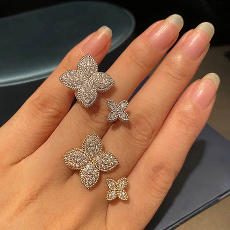 

Fashionable new design brass gold plated four leaf flower pave inlay shiny zircon charm rings for women party jewelry