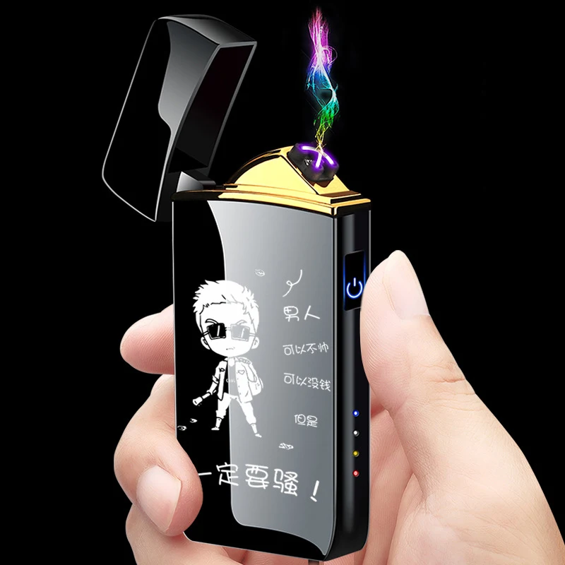 

Custom logo double arc pulse lighter electric touch screen induction windproof cigarette lighter USB rechargeable lighter