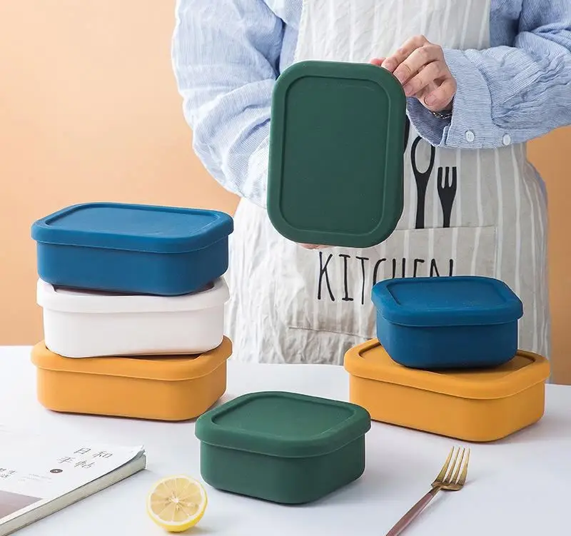 

Custom printing silicone collapsible 3 compartment lunch box with cutlery set