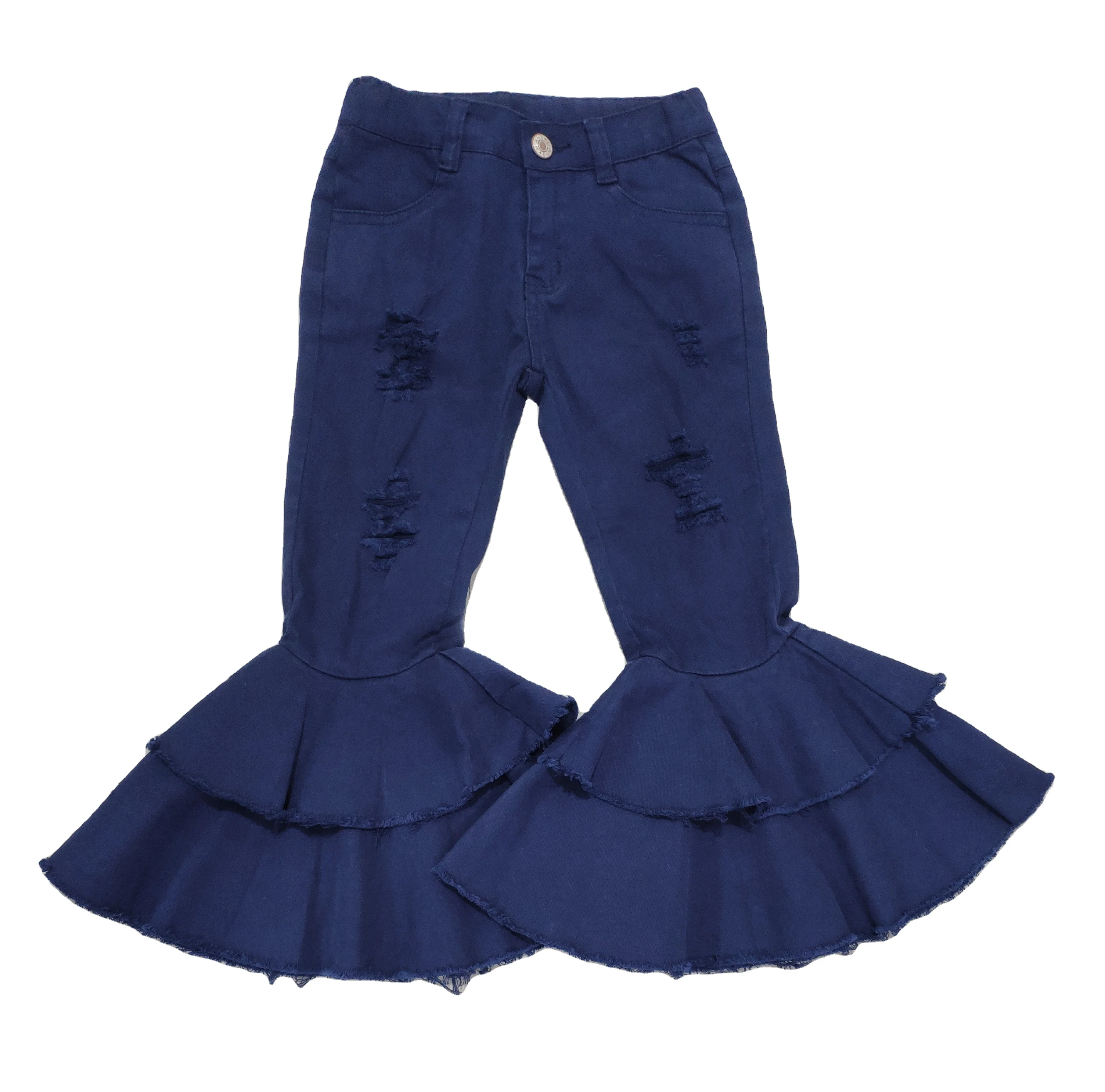 
Kids denim wide leg flare bell bottom pants girls boutique solid color pants wholesale elastic fabric 