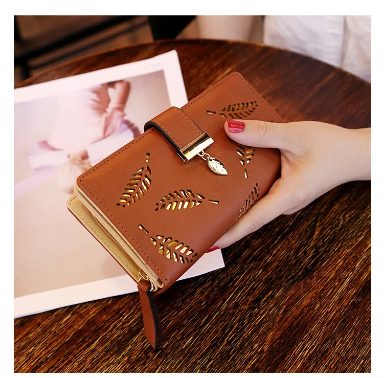 

Fashion Women Long Wallet Purse Hollow Gold Leaves Female Wallet with zipper Clutch Card Holders Pouch Handbag Coin Purse, Multi