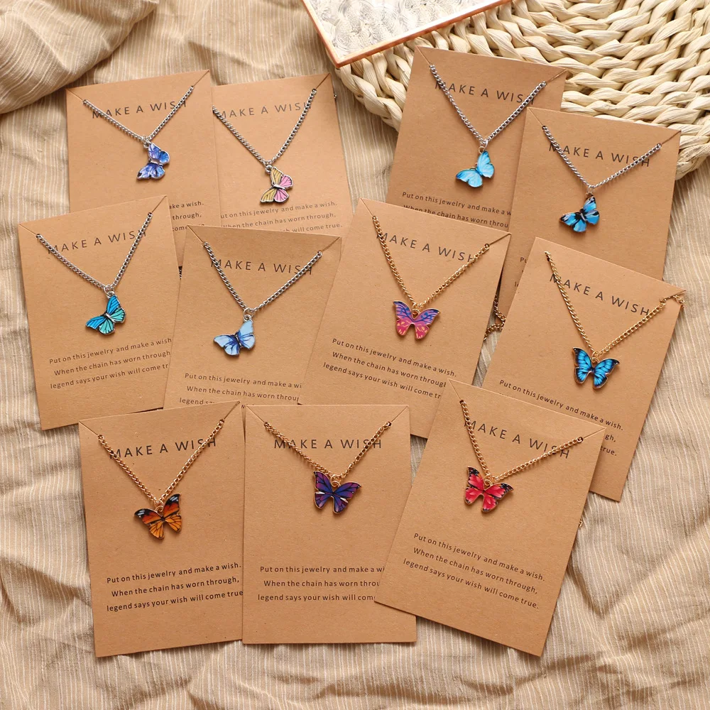 

Wholesale High Quality Trendy Multiple Colors Butterfly Necklace Thin Chain Colorful Pendant Necklace For Women Jewelry