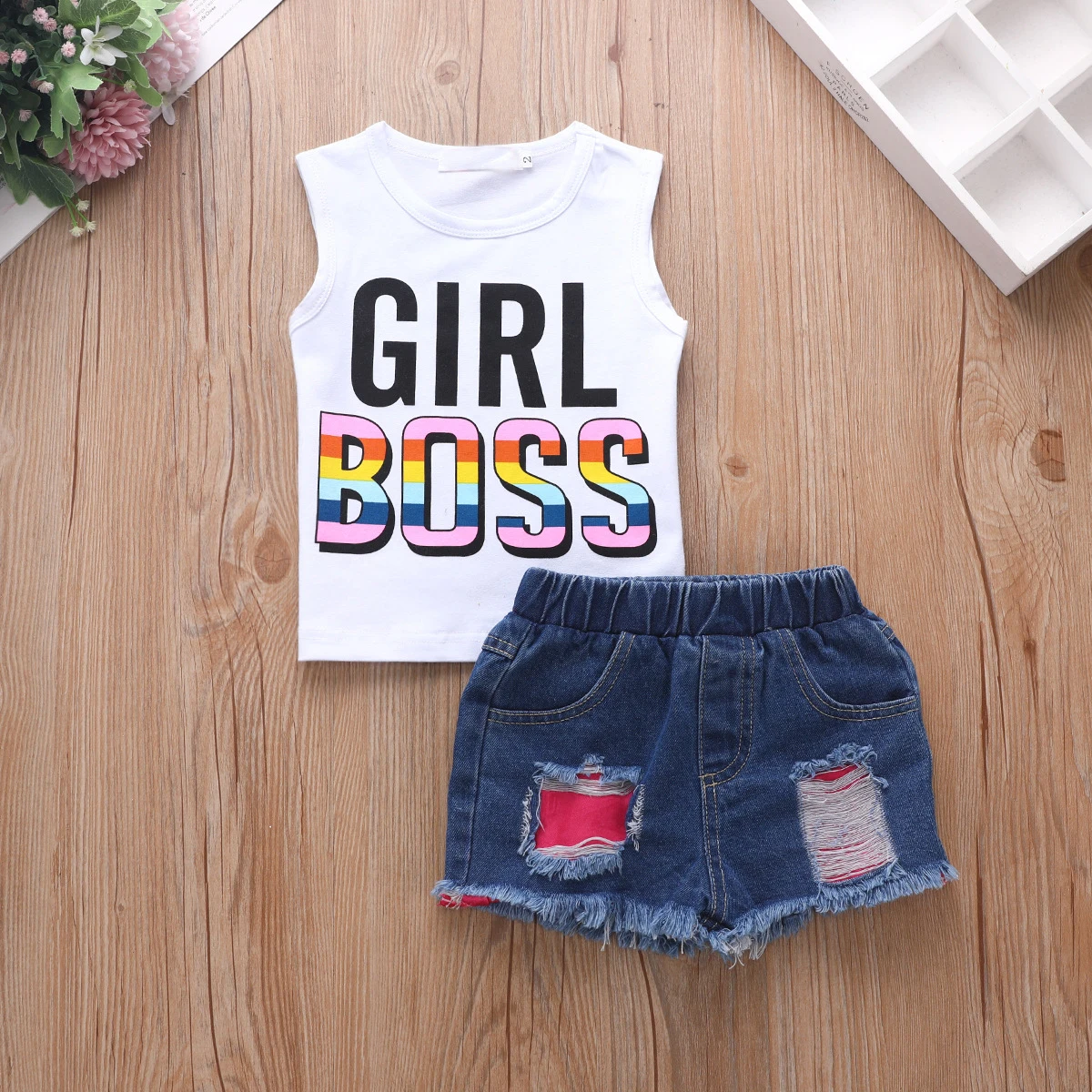 

Baby Girl Summer Outfit Cotton White Girl Boss Printed Tank Top Distressed Patched Denim shorts Kid Girl Sleeveless clothing Set