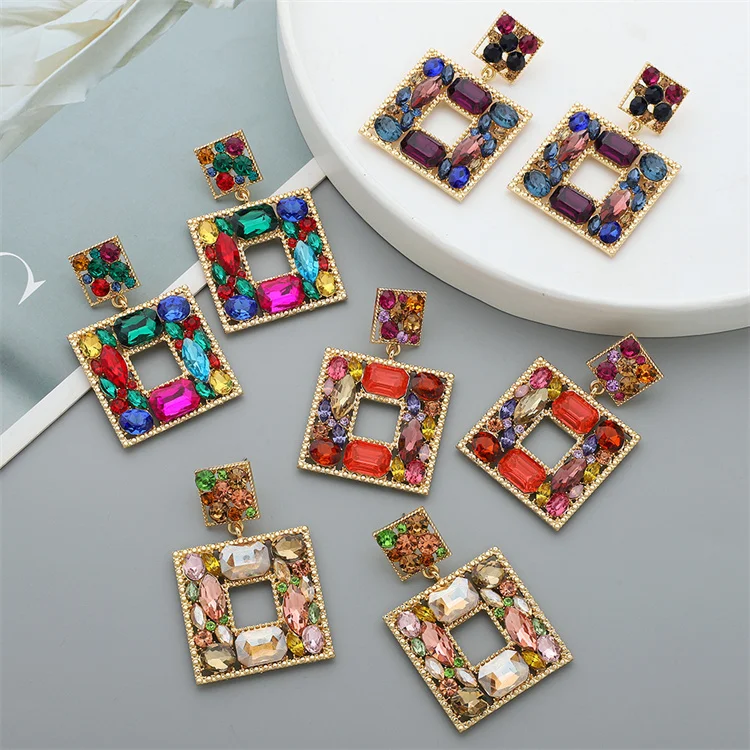 

Wholesale Luxury Geometric Fashion Jewelry Large Colorful Statement Crystal Rhinestone Square Earrings