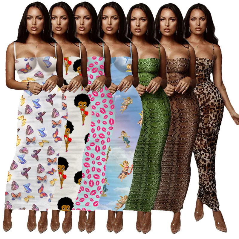 

new fashion 2020 print bodycon Clothes Lady Sexy slip dress Elegant Summer Women Casual Dress, As picture