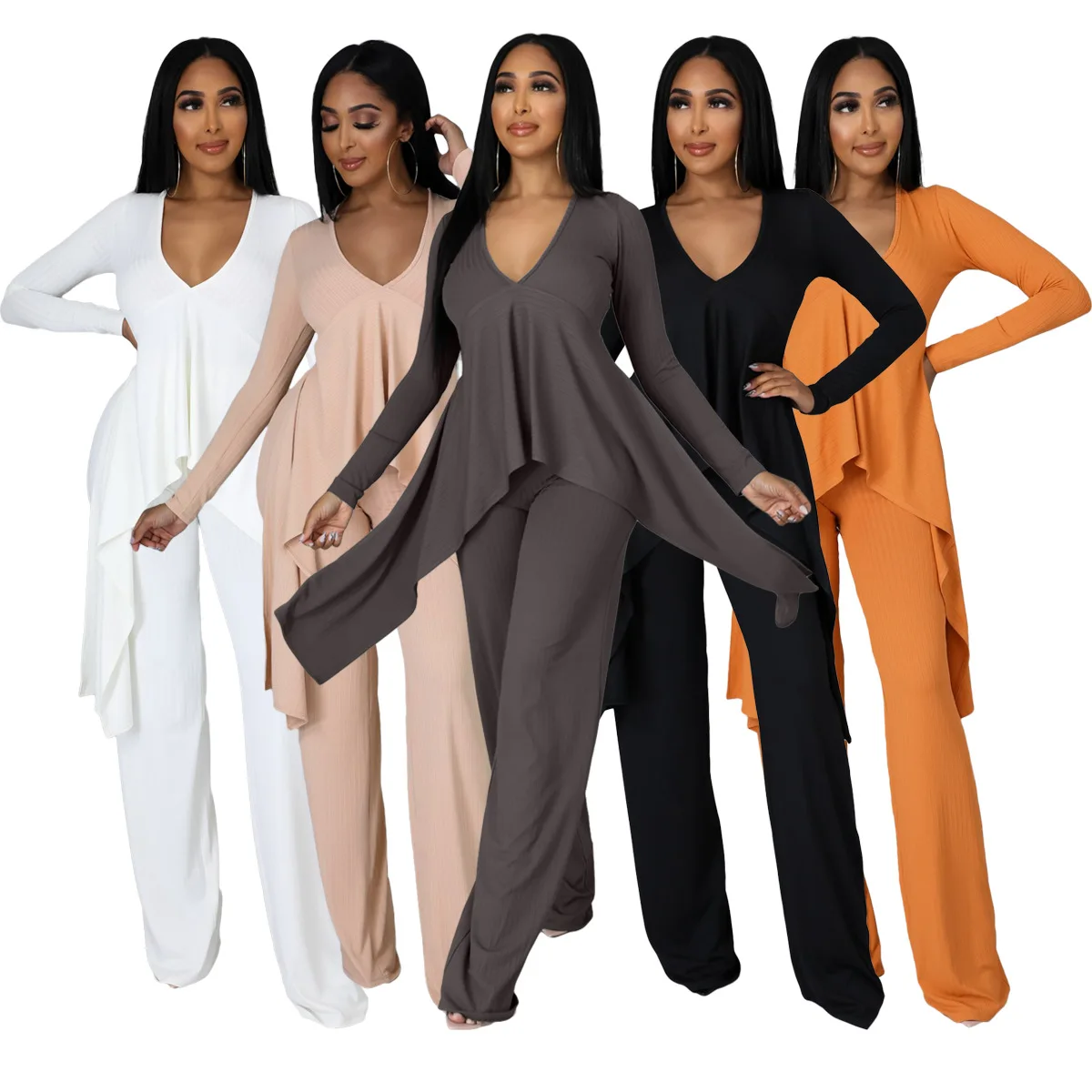 

2022 Women Spring Style Clothes Elegant Two Piece Set Solid Color Long Sleeve Irregular Classy Clothing Wide Leg Pants Set Women, Customized color,picture show
