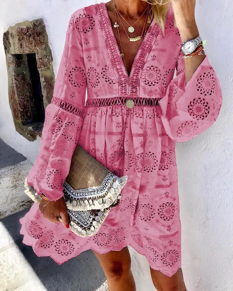 

2020 New Arrivals Ladies Sexy Long sleeve v neck embroidery lace casual dresses