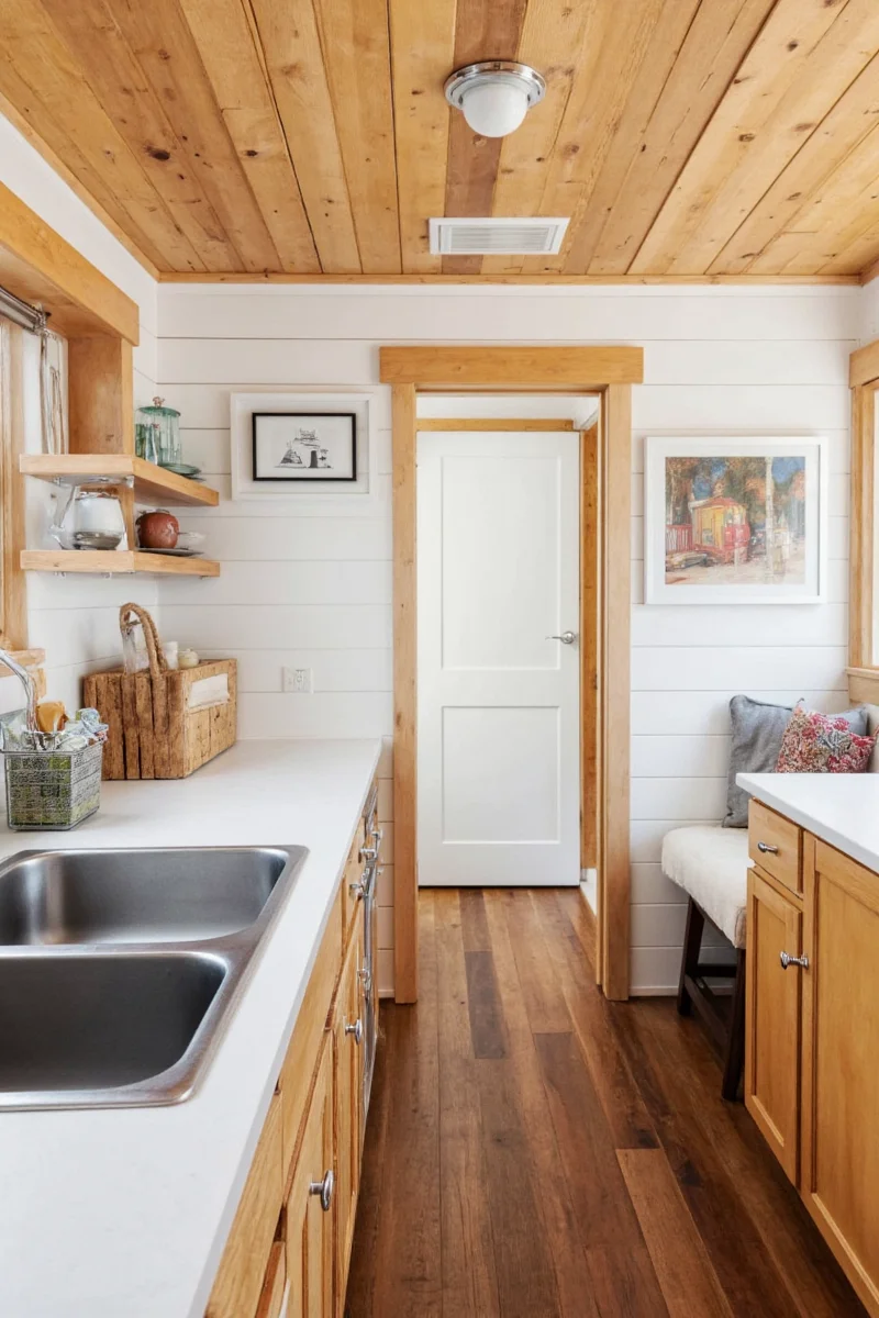 Well-lit tiny cabin interior