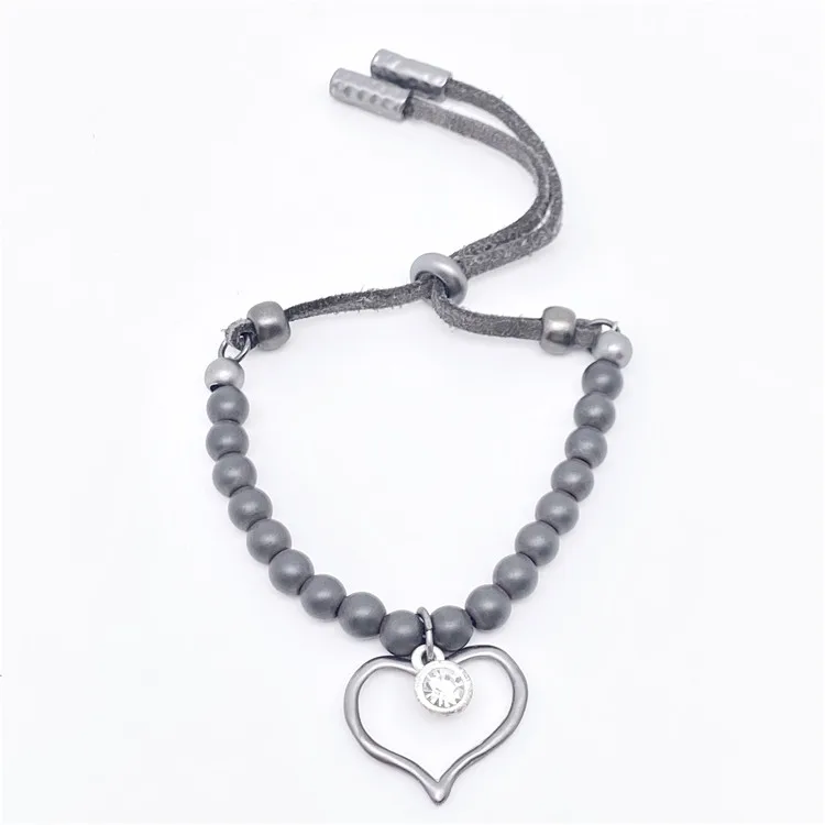 

Latest design jewelry adjustable custom couple heart pendant gun black beads rhinestone women bracelets, As picture