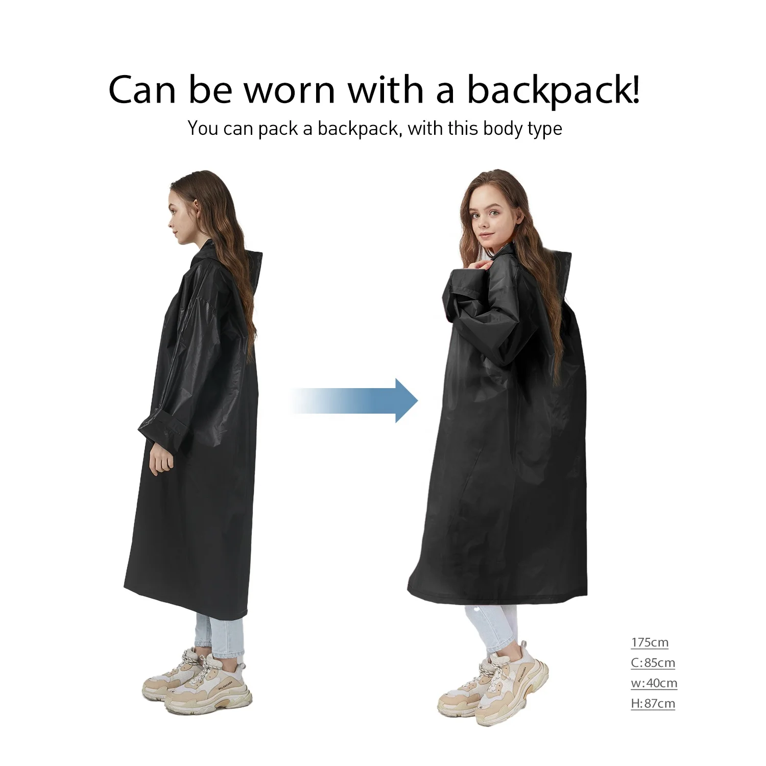 
2 pack black adult rain coat with compact drawstring bag EVA Rain Poncho for Women and Men, Reusable Raincoat 