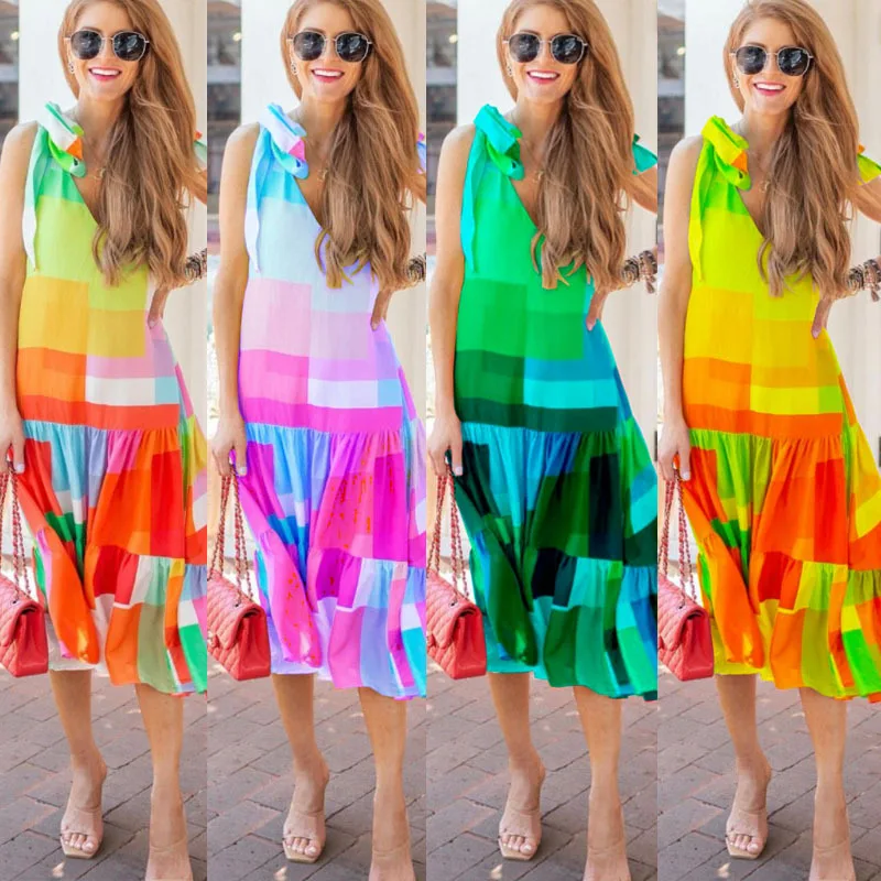 

2021 Hot sell ladies Summer sleeveless dress comfortable classy V-neck leisure women dress