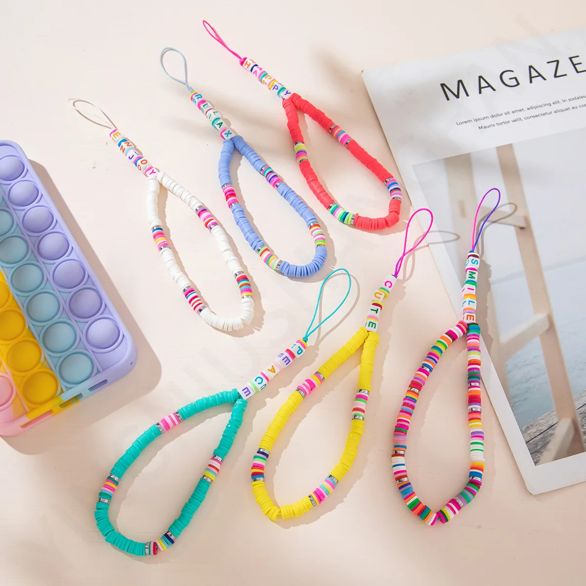 

MSYO Boho Jewelry Beaded Rainbow Soft Pottery Letter Mobile Phone Chains Beads Women Phone Strap Phone Charms