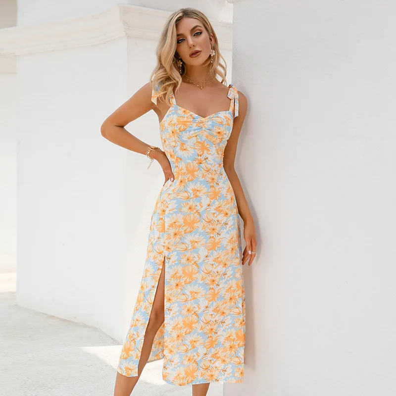 

2022 New Arrivals Summer Sexy Condole Belt Open Fork Floral Casual Dress, 3 colors