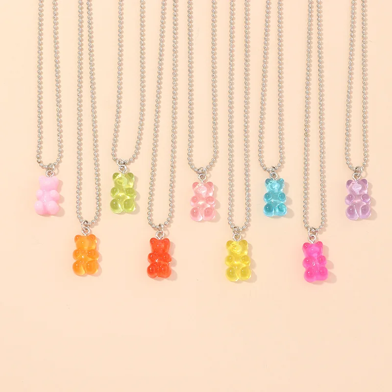 

VRIUA 2020 New Fashion Handmade 10 Color Acrylic Colorful Bear Mini Pendant Necklace For Women, Sliver