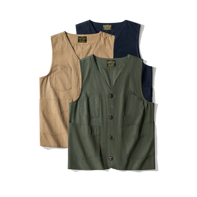 Men's Vintage Workwear Cotton Vest Multi-Pocket Utility Waistcoat for Outdoor Fishing & Casual Wear Canvas Sleeveless Jacket