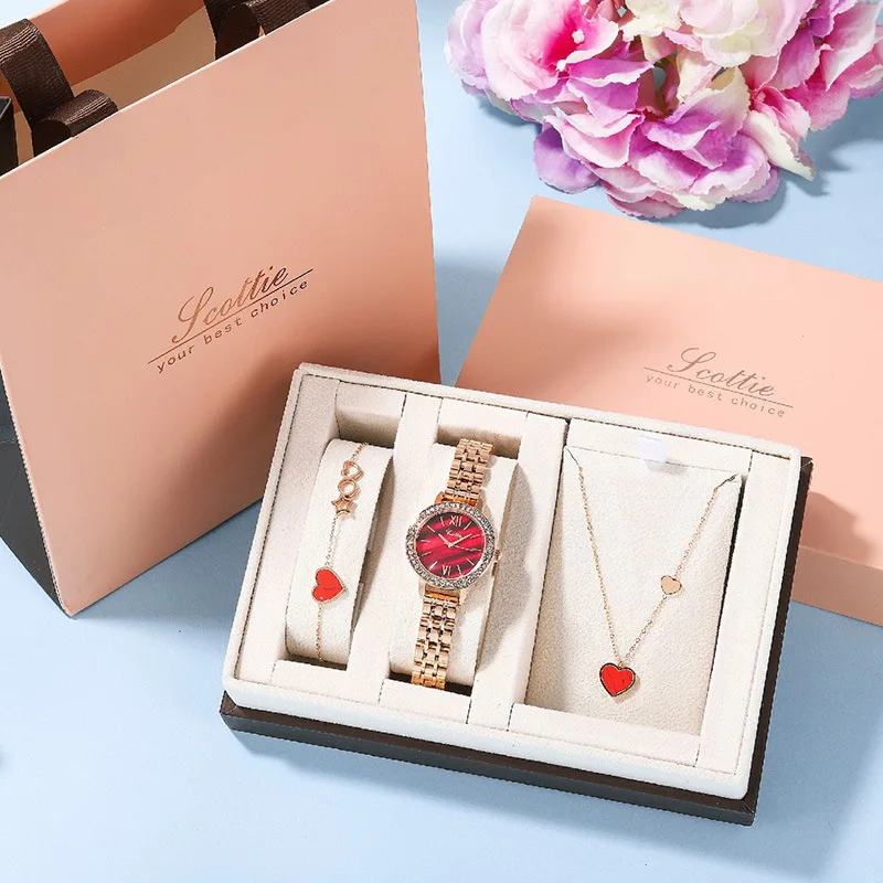 

2021 deliacte luxury women girls gift 3pcs set rose gold plated bracelet necklaces heart pendant watch jewelry, As pic