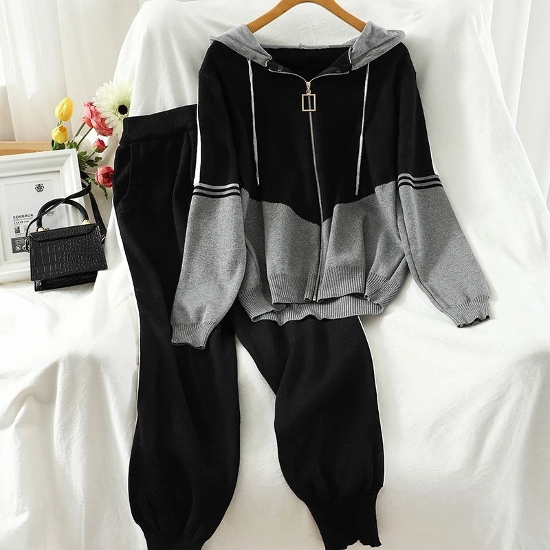 

zipper knitted sports hoodie jogging suits women plus size two piece slim track suit women training wear jogging suit