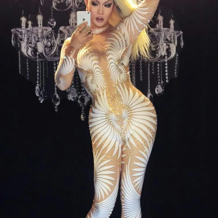 

Sparkly crystal white Christmas jumpsuit bar Ds party GoGo sexy fashion printed one-piece stage dance costume