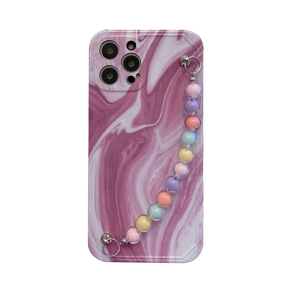 

Colorful Watercolor Pink Soft Silicone Protection Cover Funda Phone Case for iPhone 12 with Bracelet, Silver