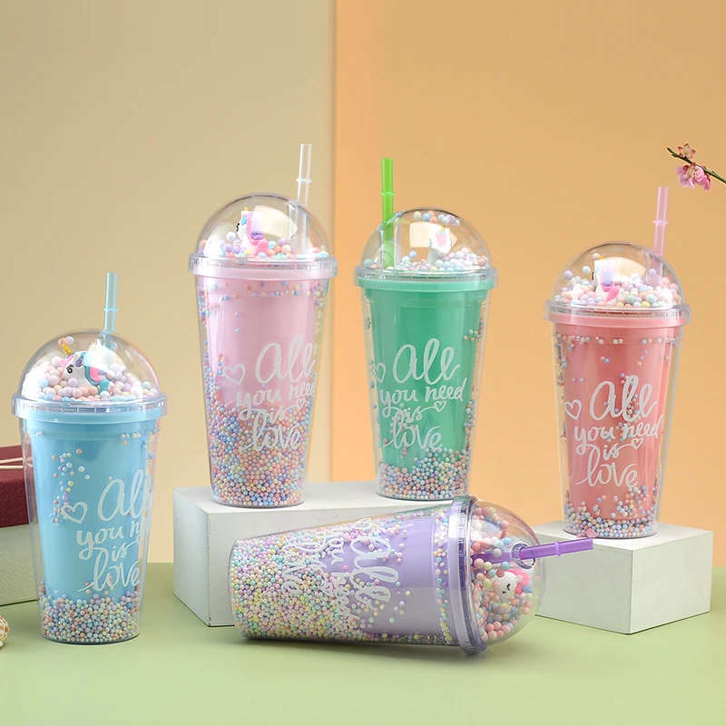 

M76 custom logo Reusable kids plastic bottles summer unicorn drinking plastic water bottle mug with straw lids