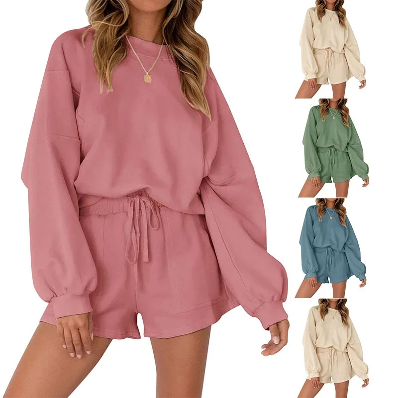 Women's Casual Sportswear O-Neck Top Long Sleeve Shirt and Short Set Women Solid Color Loose Daily Wear