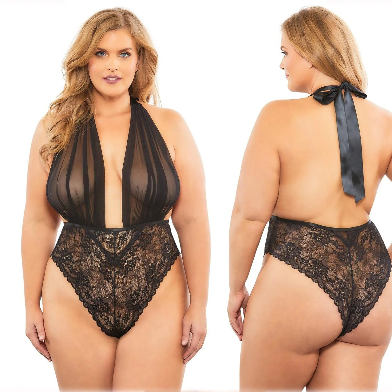 

Sexy erotic plus transparent lingerie super size large women's neckline lace up conjoined mesh perspective underwear, Black