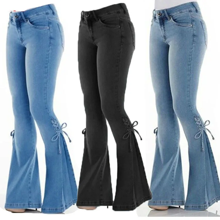 

2021 Wholesale 3 colors fashion women flared belt bow hot selling long denim jeans, Blue