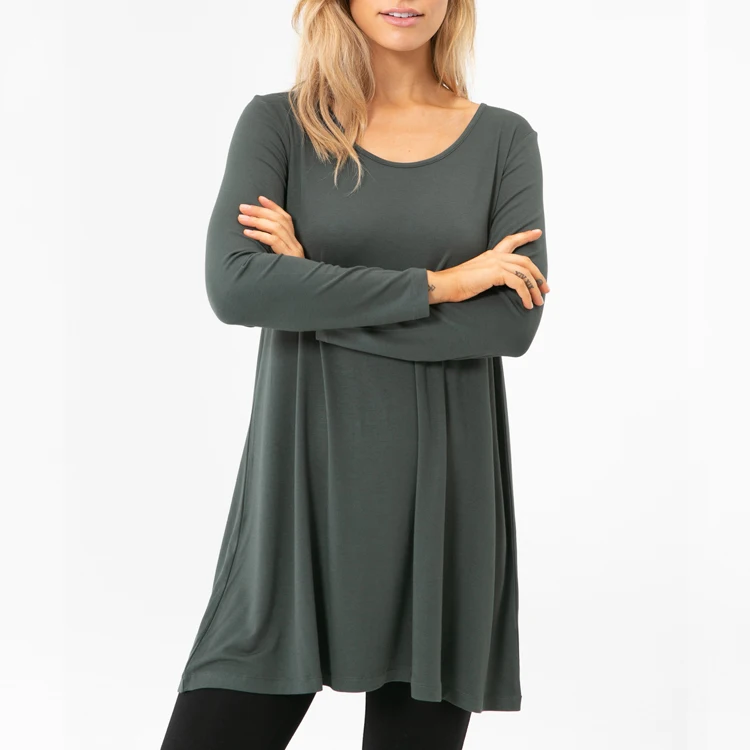 

2020 Newest Mid Thigh Stretch Scoop Neck Fitting Casual Plain Long Sleeve Loose T Shirt For Women, All pantone color is accept