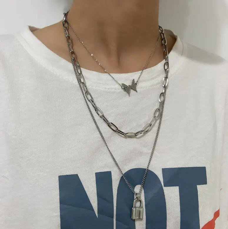

New stainless steel necklace ins hip-hop personality simple men and women multi-layer lock butterfly necklace