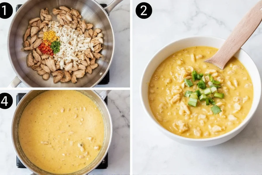 Step-by-step white chili chicken recipe showing ingredients in bowl, cooking process, and final creamy chili in bowl with garnishes