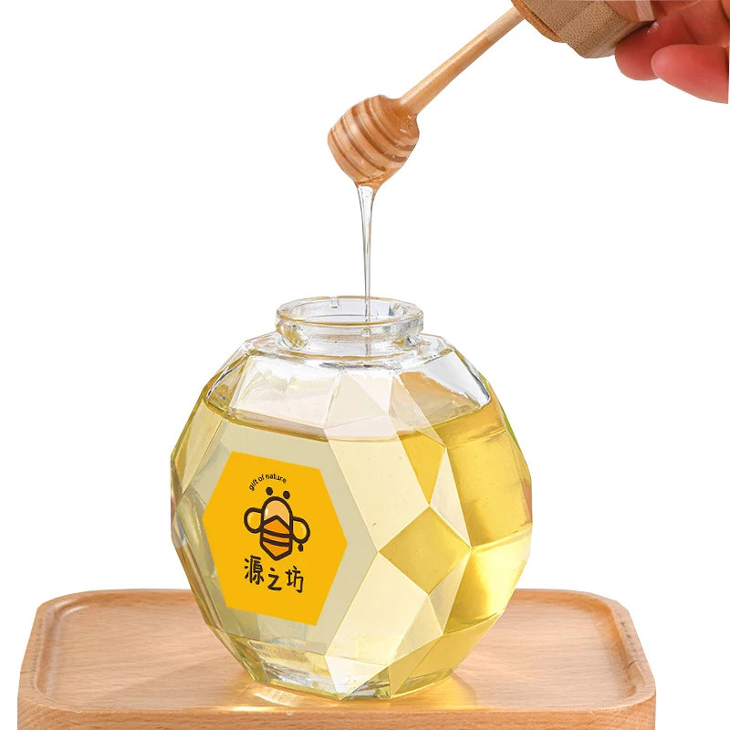 

Glass Jam Jar Glass Wholesale 250ml 500ml 750ml 1000m With Lid Empty Honey Glass Honeycomb with Wooden Lid Spoon and Dipper, Clear