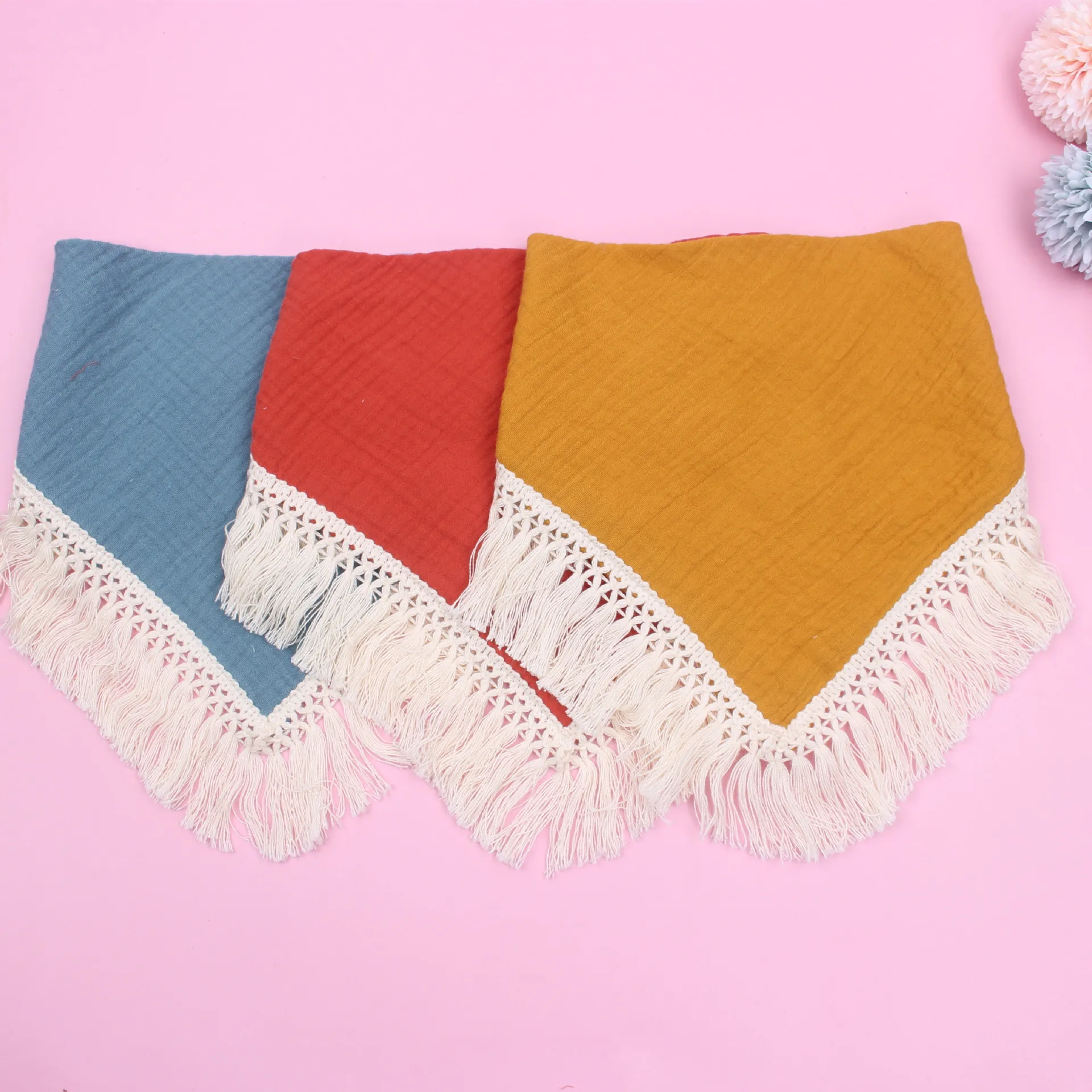 

4 Layer Stylish Custom Triangle Scarf Bibs Baby Cotton Muslin Tassel Bandana Bibs Adjustable Drool Bibs For Infant