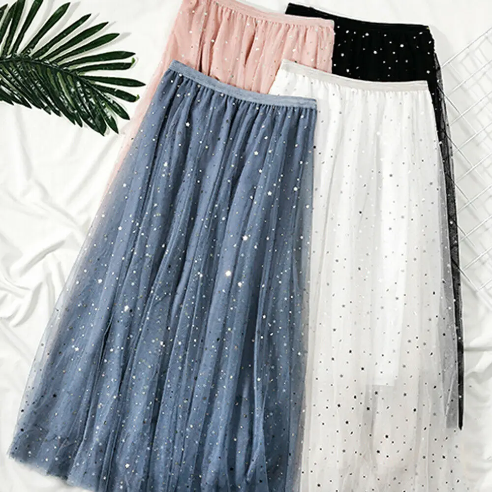 

Elegant Tulle Long Pleated Skirt Women floral Embroidery A-line tutu Lace mesh Skirt Women skirt