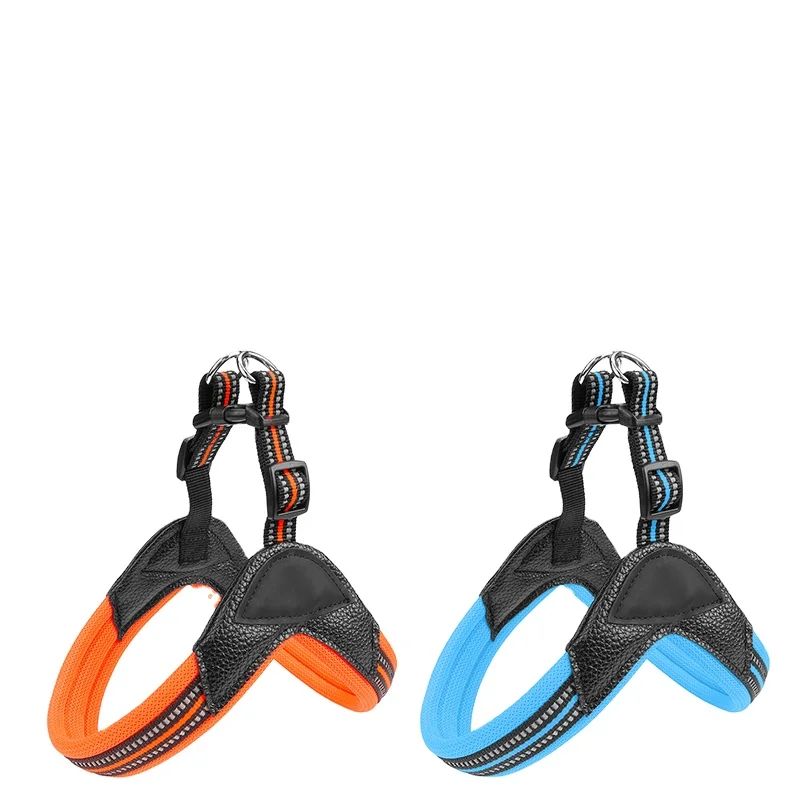 

Wholesale custom design herringbone breathable fashion adjustable luxury high quality nylon reflective leather pet dog harness, Black,blue,orange,green