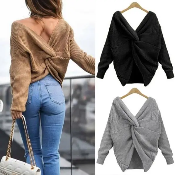 

New Fall Clothes Women Sweater V Neck Backless Sweater for Women Long Sleeve Knitted Sweater Oversize Ladies Tops, Shown