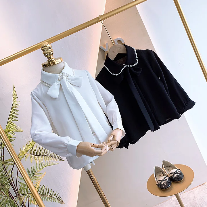 

Latest Anti-Shrink Long Sleeve Shirts Anti-Pilling Pearls Design Spandex Beaded Bow Tie Shirt Little Girls Shirt, White