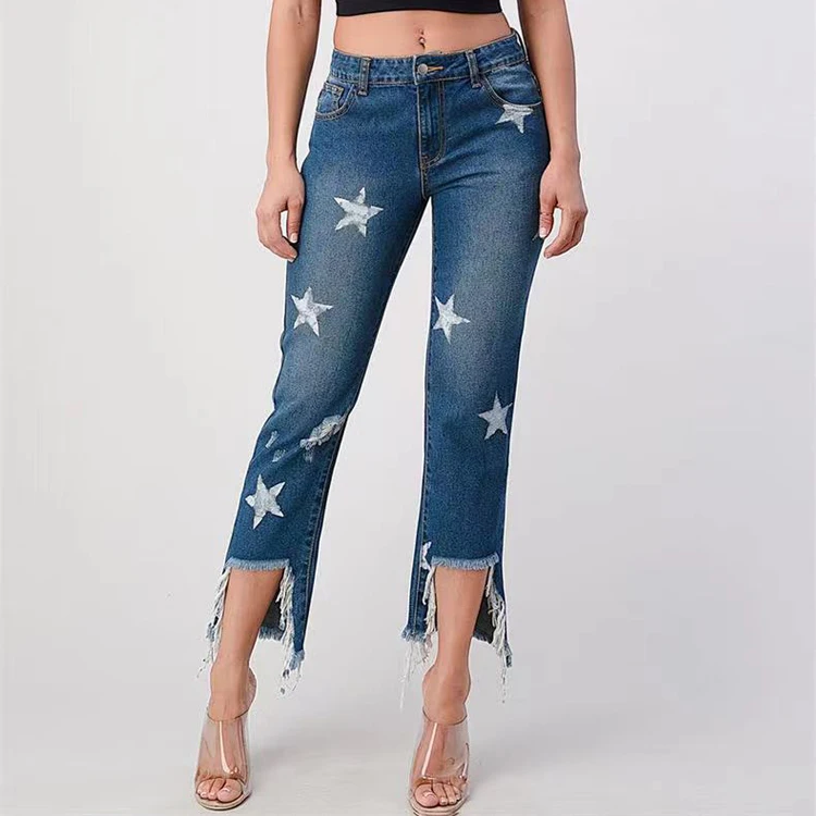 

OEM service mid waist stars printing tassel straight jeans women, Blue