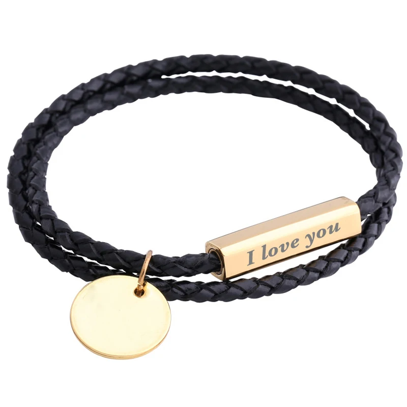 

Personalized Customized engravable id style Braided Rope friendship Couples Charm Magnetic Leather Cord Bangle Bracelet